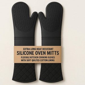 1 Extra Long Heat Resistant Silicone Oven Mitts Flexible Kitchen Cooking Gloves With Soft Quilted Cotton Lining Pack