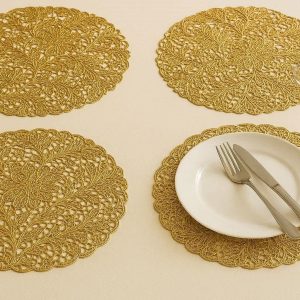 15 Elegant Golden Pressed PVC Lace Place Mats Metallic Hollow Out Dining Table Mats Luxury Wedding Decoration Coasters