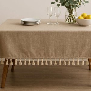 26 Rustic Cotton Linen Tablecloth Wrinkle Free Solid Color Tasseled Dust Proof Table Cover For Dining Buffet Parties