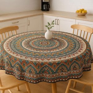 27 Boho Mandala Round Tablecloth Spillproof Cotton Fabric Geometric Print Table Cover For Kitchen Dinner Patio Gathering